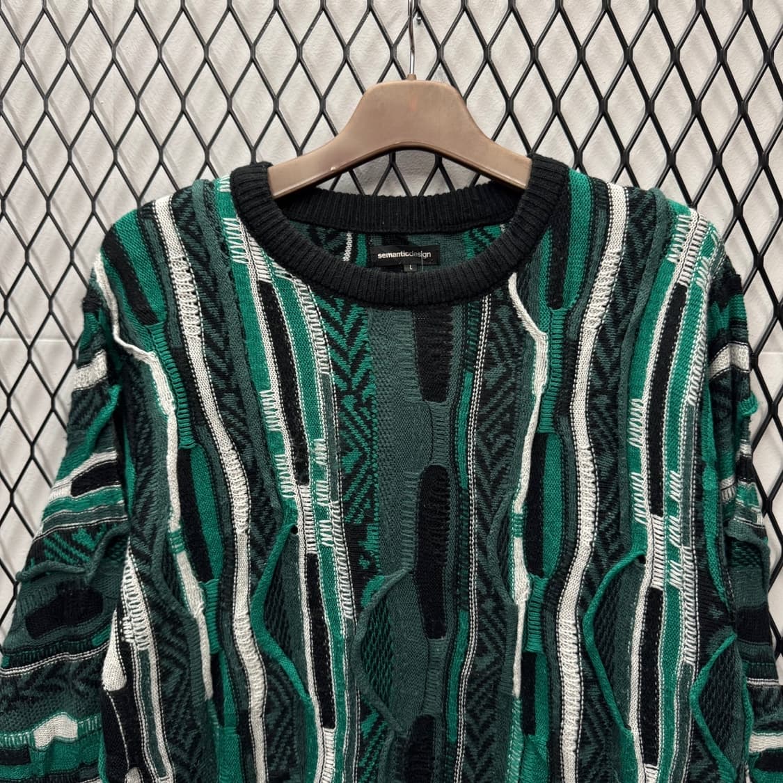 JPN VTG 웨이브 패턴 롱 니트 스웨터 케이블 디테일 카키 상품이미지3