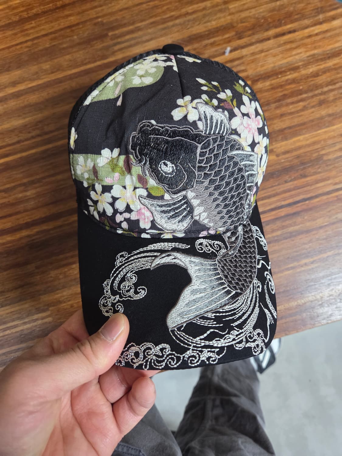 빈티지 저팬 리플 비단잉어 자수 벛꽃 프린팅 메쉬 스카쟌 모자 프리 상품이미지1