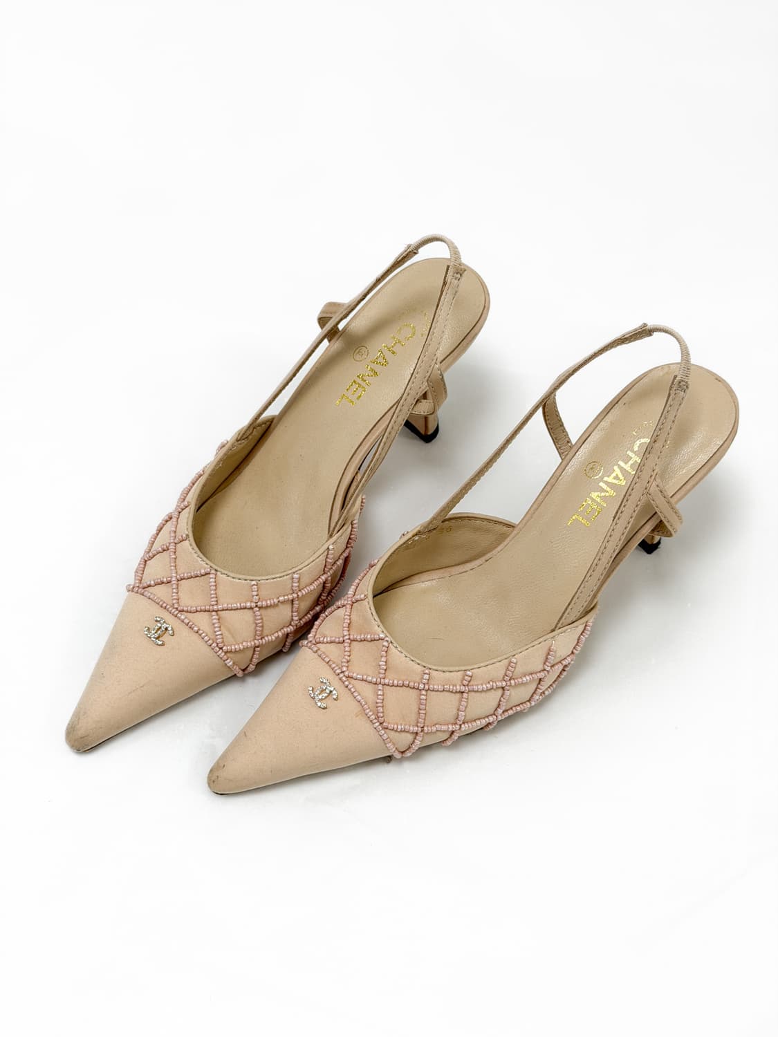 샤넬 CC 로고 비즈 새틴 스틸레토 슬링백 펌프스 상품이미지2