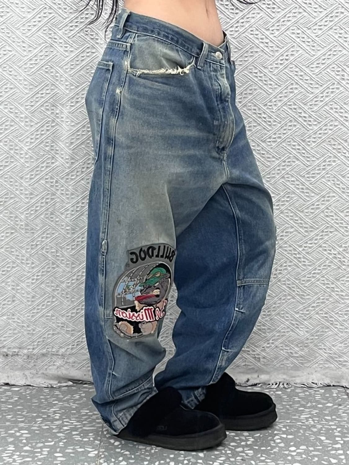 빈티지 재팬 올드스쿨 스트릿펑크 불독패치 데님팬츠 36인치 C09598 상품이미지1