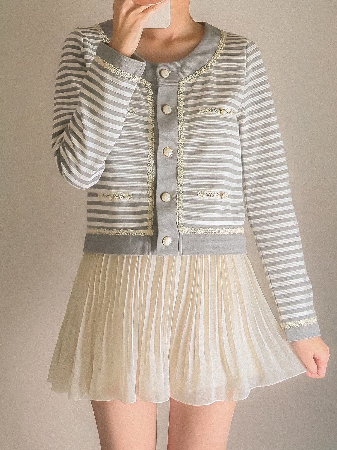 크림 레이스 스트라이프 가디건 상품이미지1