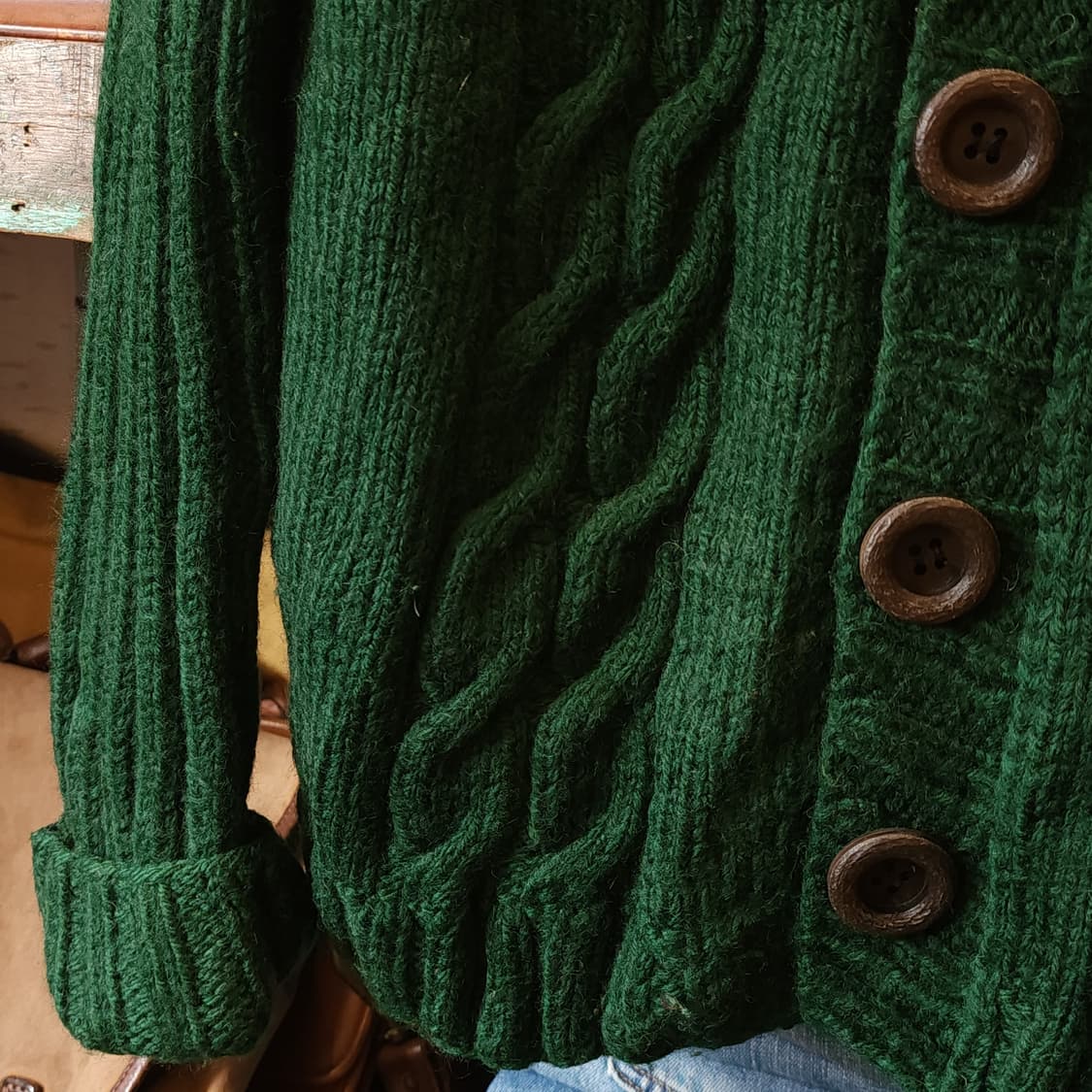 90s 프렌치 핸드메이드 울 가디건 스웨터 케이블 패턴 포레스트 그린 상품이미지6