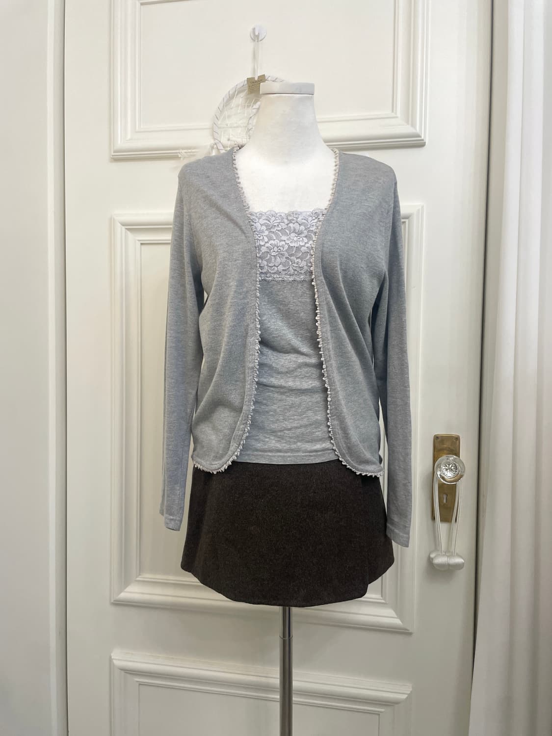 gray cotton open cardigan&lace sleeveles 상품이미지1