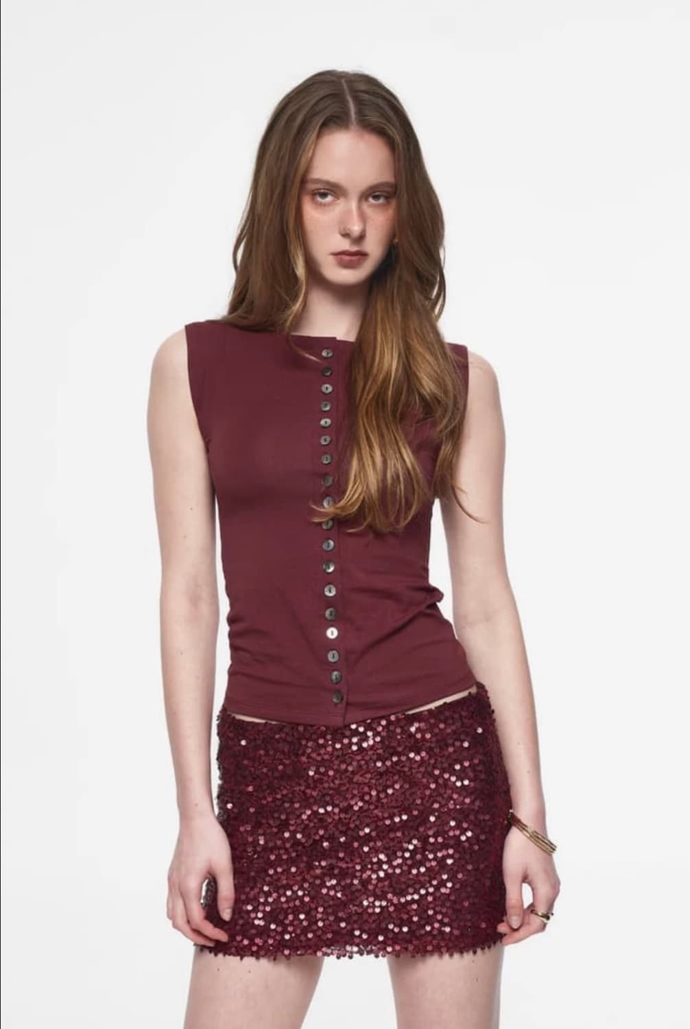 투머치택스 자개 버튼 슬리브리스 탑 마룬 상품이미지1