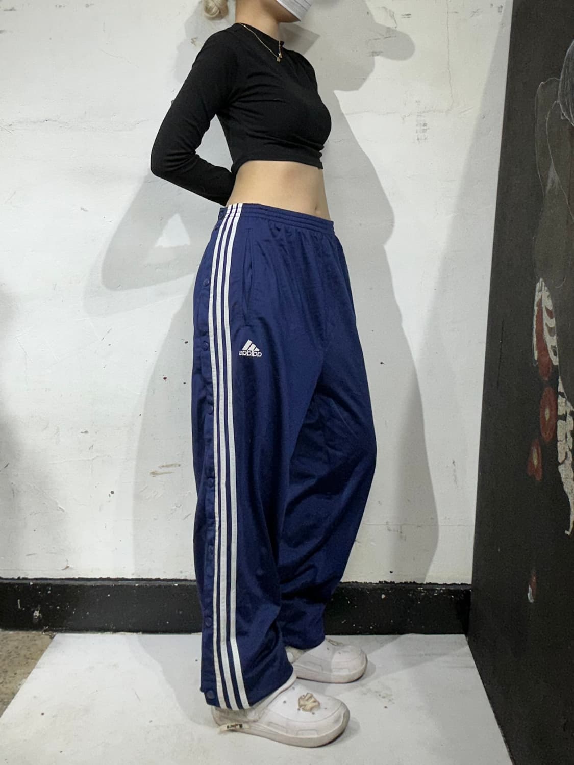 90s 아디다스 네이비 와이드 스냅 버튼 추리닝 바지 트레이닝 댄스 팬츠 상품이미지1