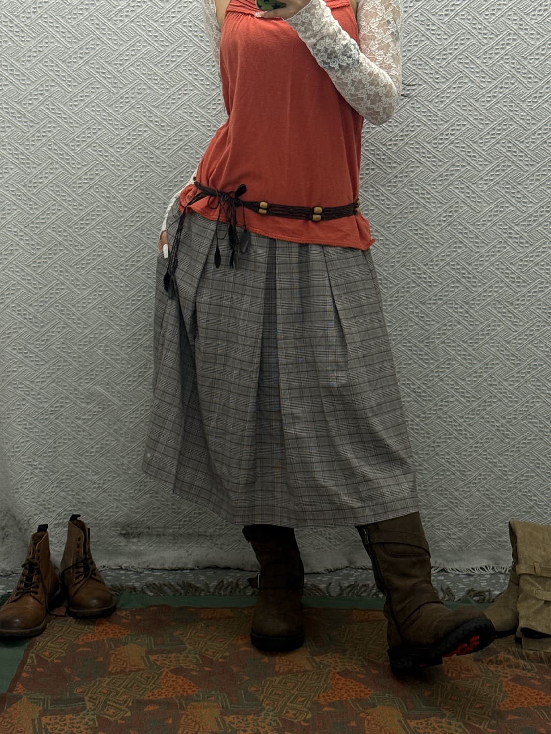 빈티지 코지 모리걸 하구미 체크 플리츠 롱스커트 K0091 상품이미지1