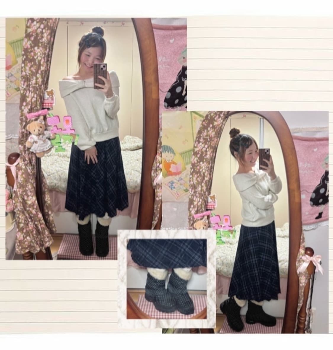 오프숄더 리본 니트 + 체크 스커트 러블리 패딩 세트 상품이미지5