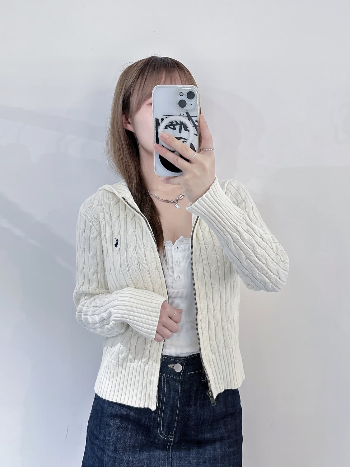 폴로랄프로렌 네이비포니 베이지 케이블 니트 후드집업 상품이미지3