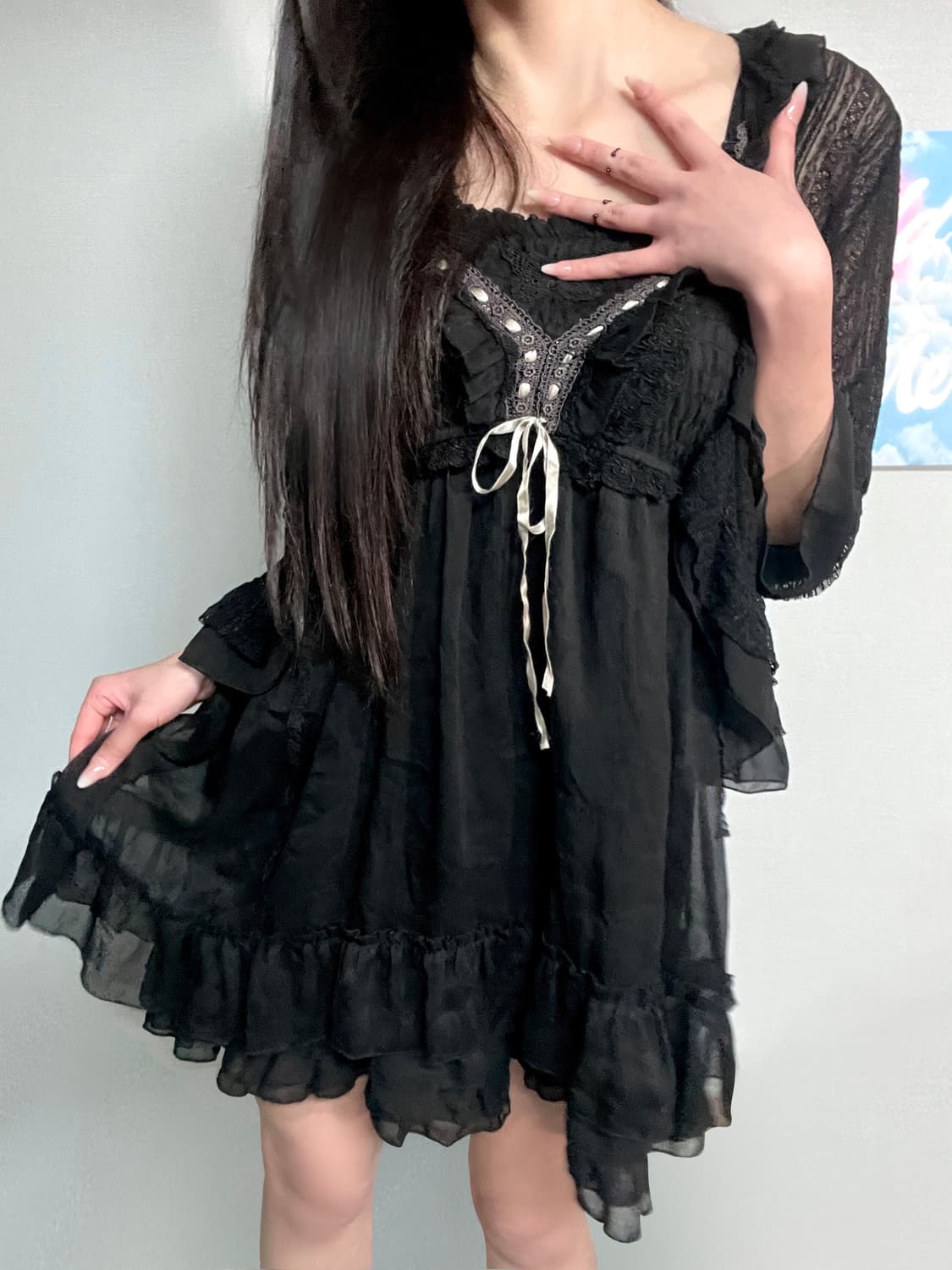 엑시즈팜 엔틱 에스닉 나비 자수 레이스 슬리브리스 쉬폰 블랙 원피스 상품이미지1