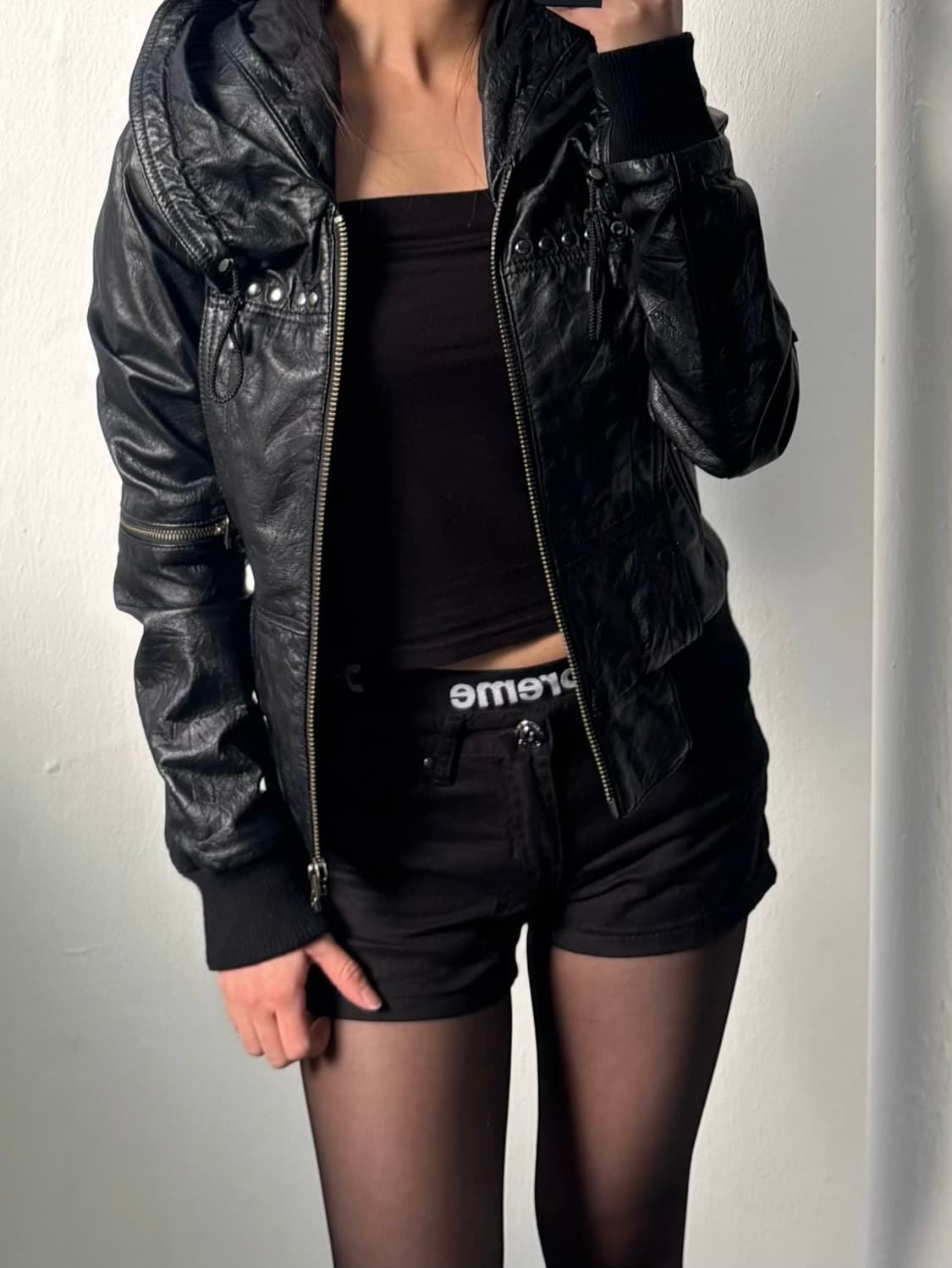 Vintage Black Hood Leather Jacket 상품이미지3