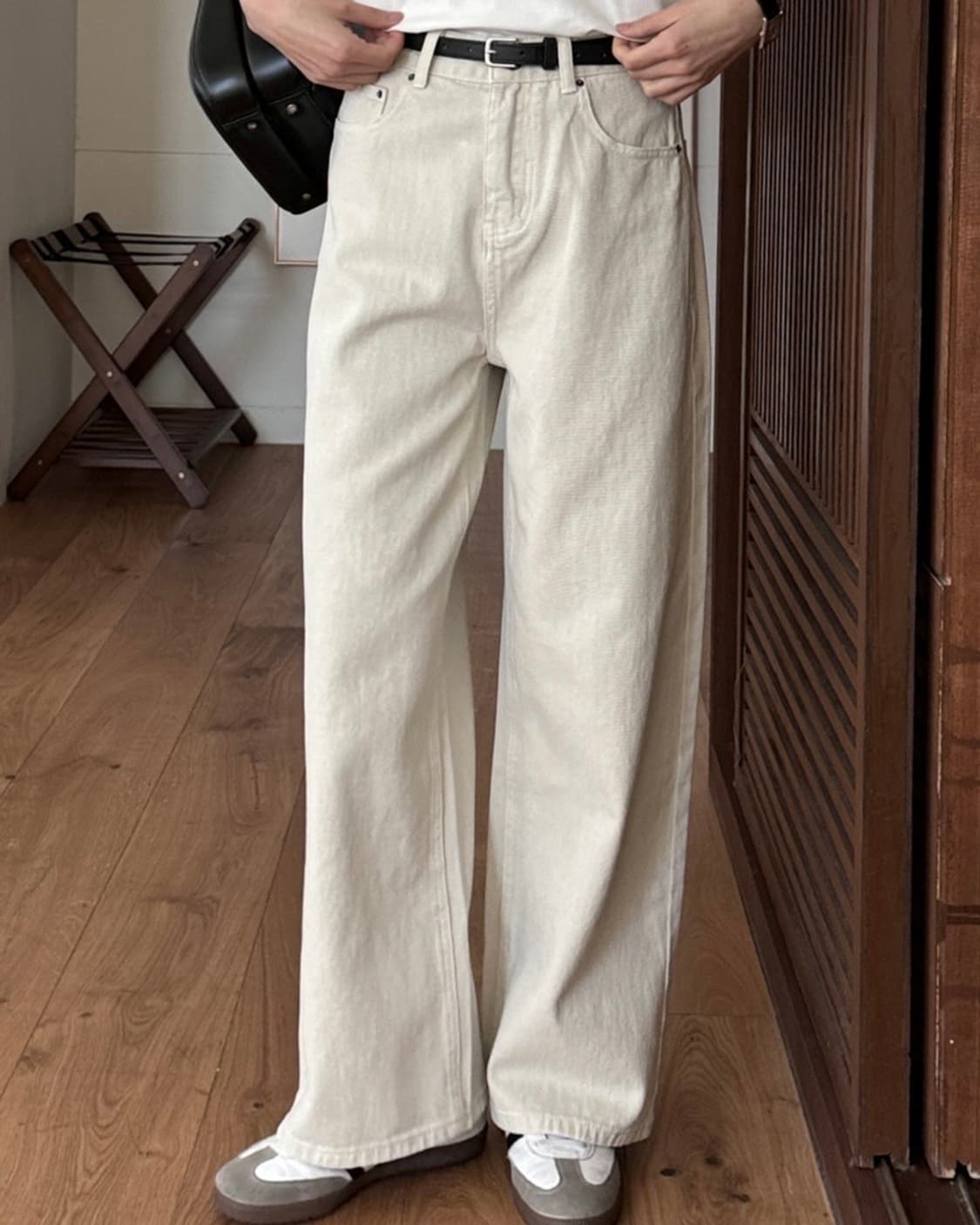 느낌표 크림 화이트 데님 와이드 팬츠 워크 M 29 워시드 일자 아이보리 상품이미지2