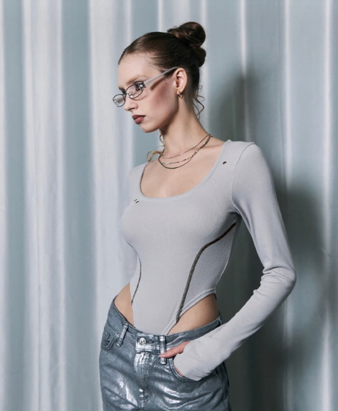 [단종] 라인 스티치 바디수트 누드그레이 상품이미지3