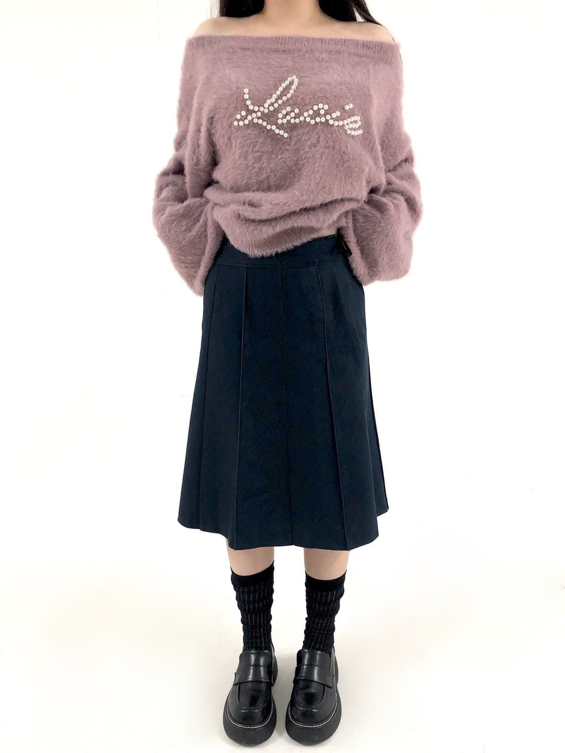 Denim Line Pleated Midi Skirt 상품이미지1