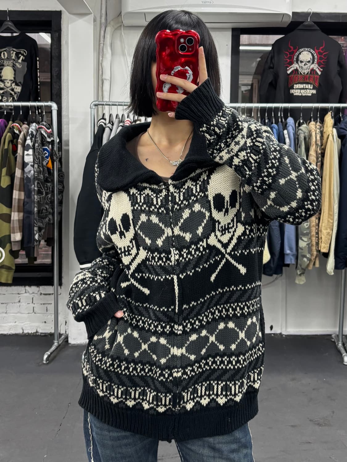 밴슨 레더 스컬 니트 집업 상품이미지3