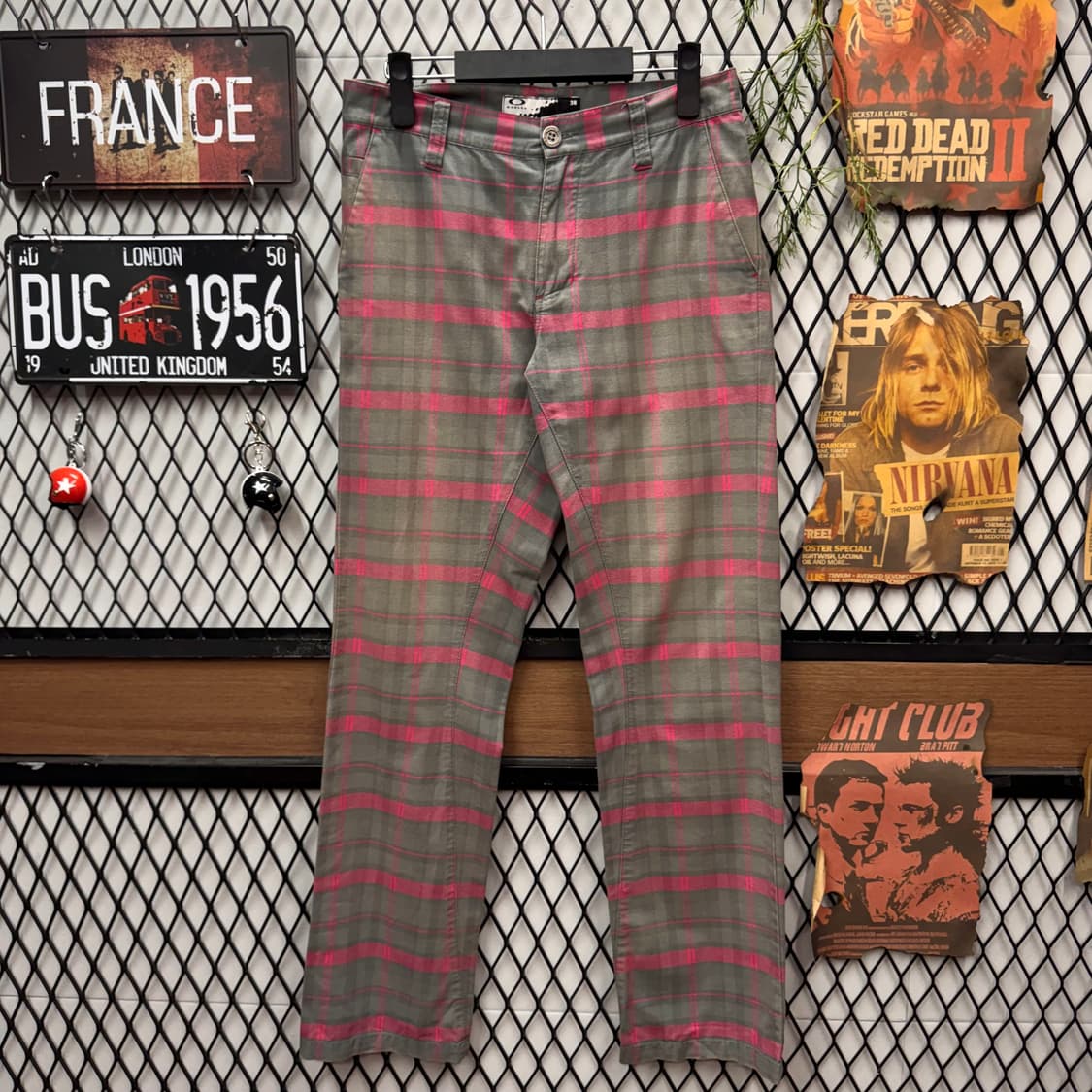 오클리 재팬 체크 코튼 슬랙스 팬츠 스트레이트 핏 그레이 핑크 상품이미지1