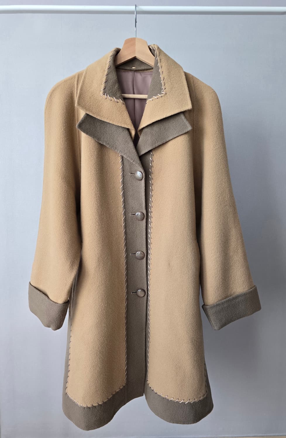 빈티지 Two-way 카라 베이지브라운 휩스티치 트렌치 울 코트 상품이미지1