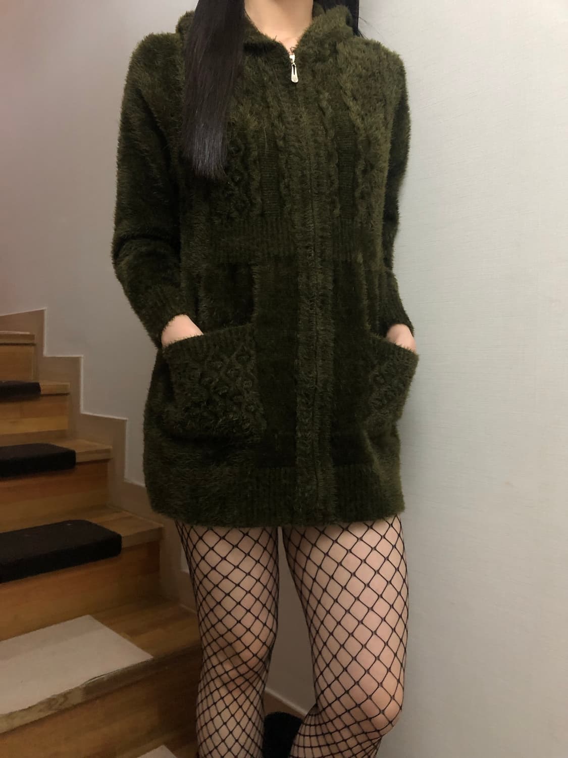 빈티지 후드 카키 롱 집업 상품이미지5