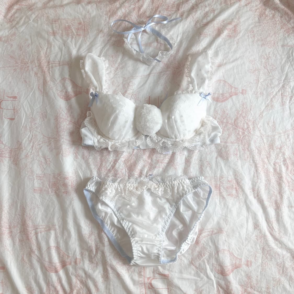 화이트 레이스 우사미미 브라 팬티 쵸커 set 란제리 속옷 70b 디마럽 상품이미지1