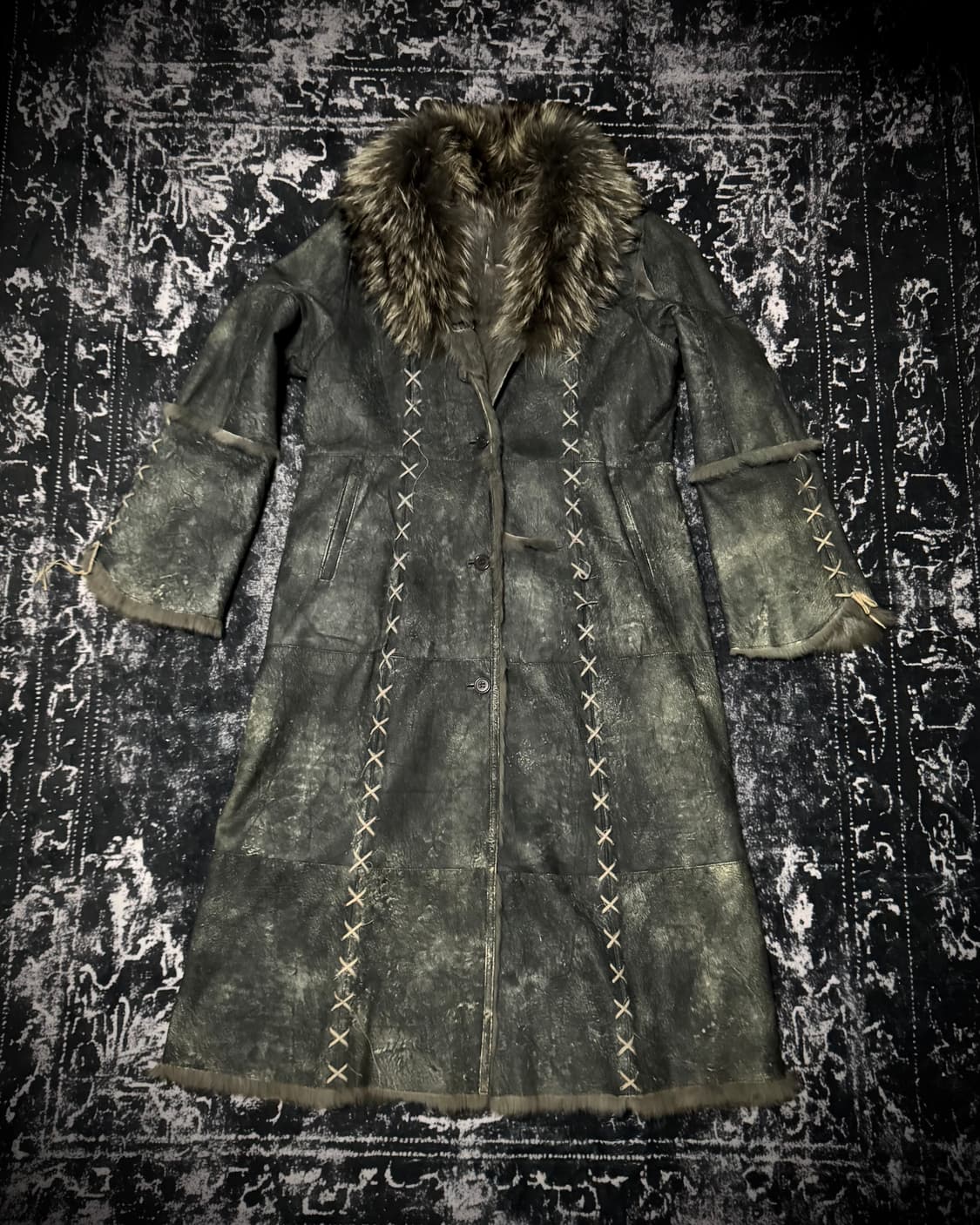 “00s Vkei Style eyelet fur long coat“ 상품이미지1