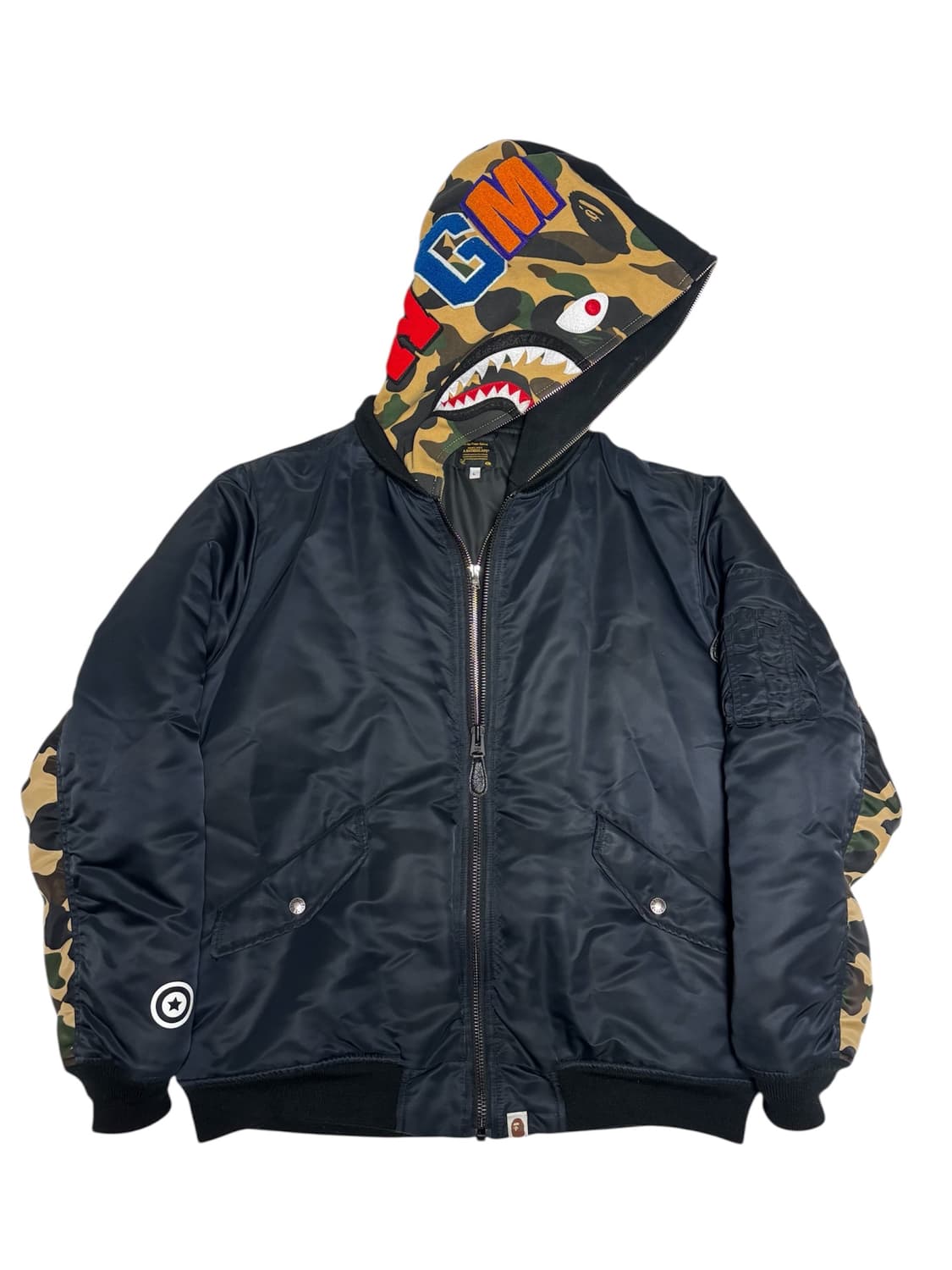 [정품] 베이프 1st 카모 샤크 ma-1 황계 후드 봄버 자켓 L 상품이미지1