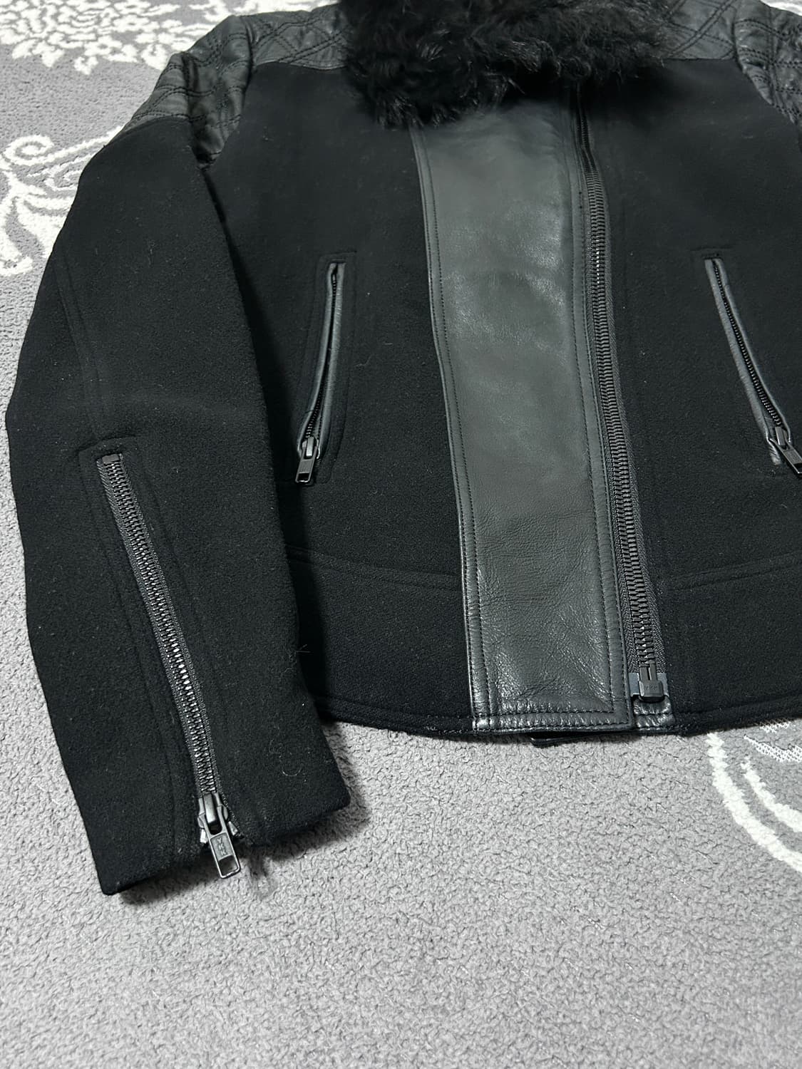 띠어리 울 × 레더 퍼 카라 자켓 상품이미지5