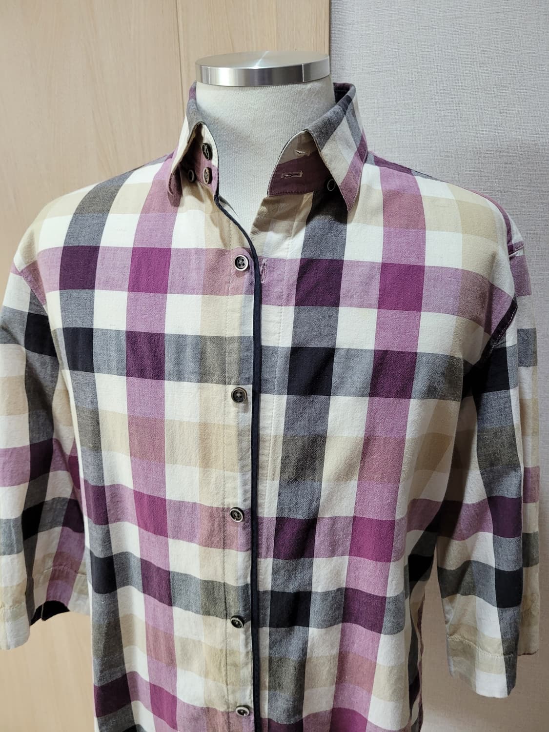 지이크 SIEG 남자 마혼방 7부 체크 셔츠 105 퍼플  상품이미지2