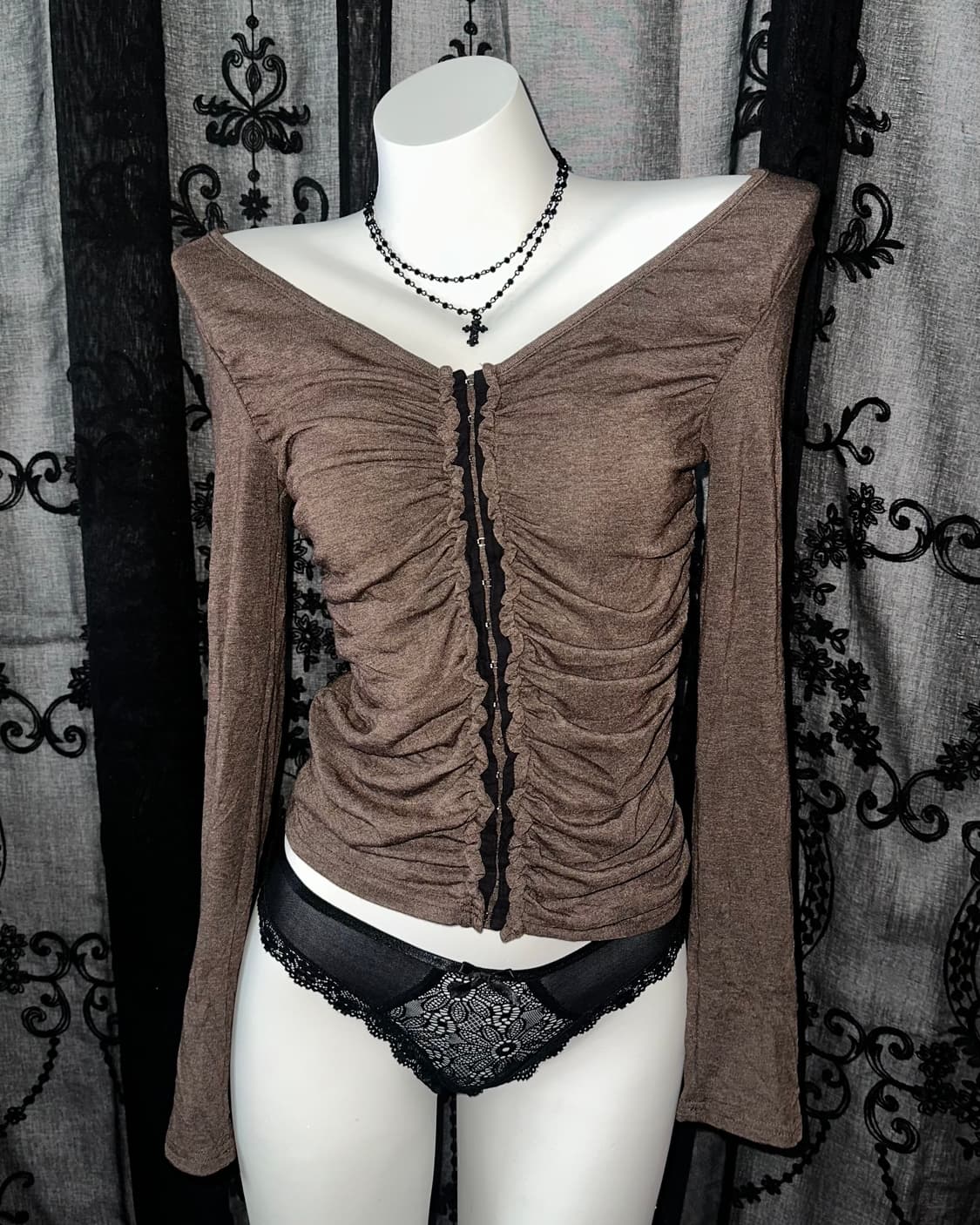 Brown Ruched Long Sleeve Top 상품이미지2