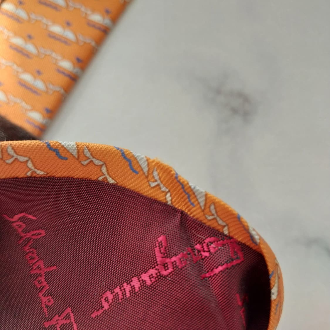 살바토레 페라가모 실크 오렌지 고래 패턴 넥타이 8cm B등급 K1633 상품이미지8