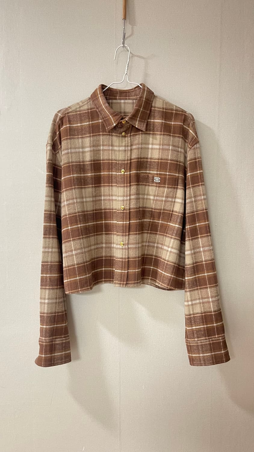 셀린느 Celine 캐시미어 100% 브라운 체크 크롭셔츠 M. 실착1회 상품이미지1