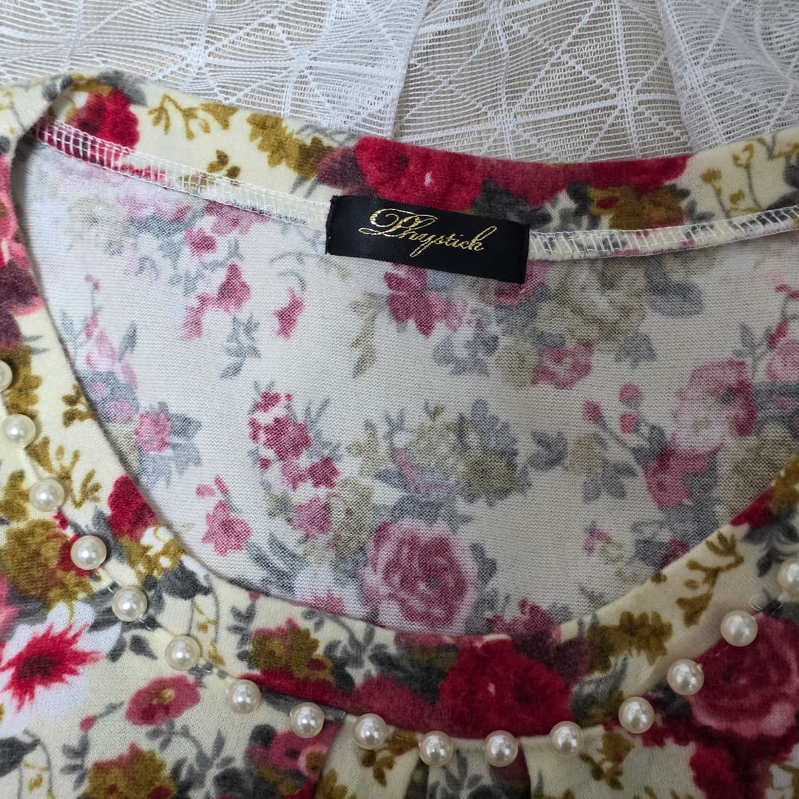 일본빈티지)플로럴 로즈 진주부클 모리걸 히메갸루엑팜st 로맨틱 니트원피스 상품이미지5