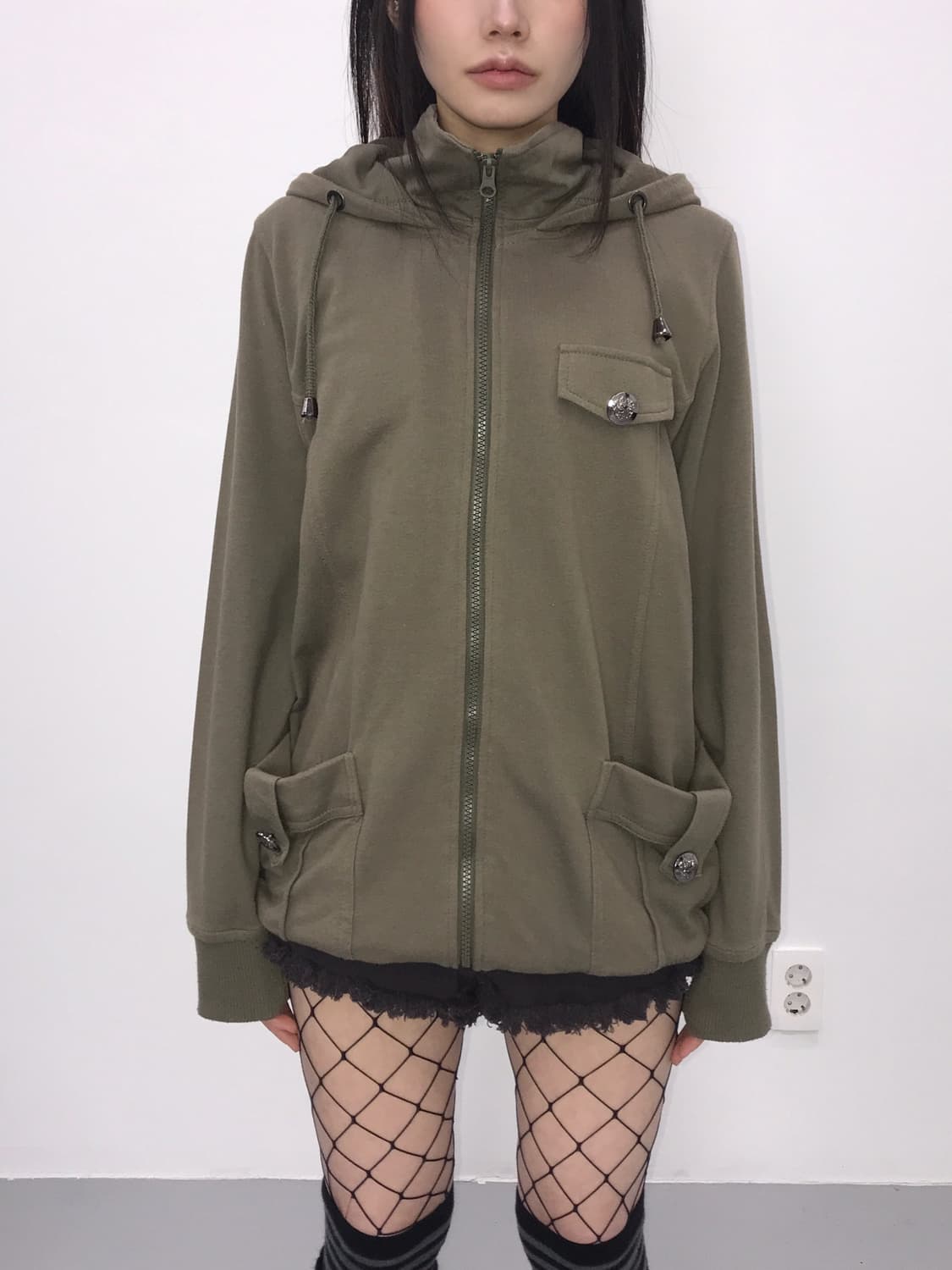 'Amourine' Khaki Y2k Utility Zip Up Hood 상품이미지2