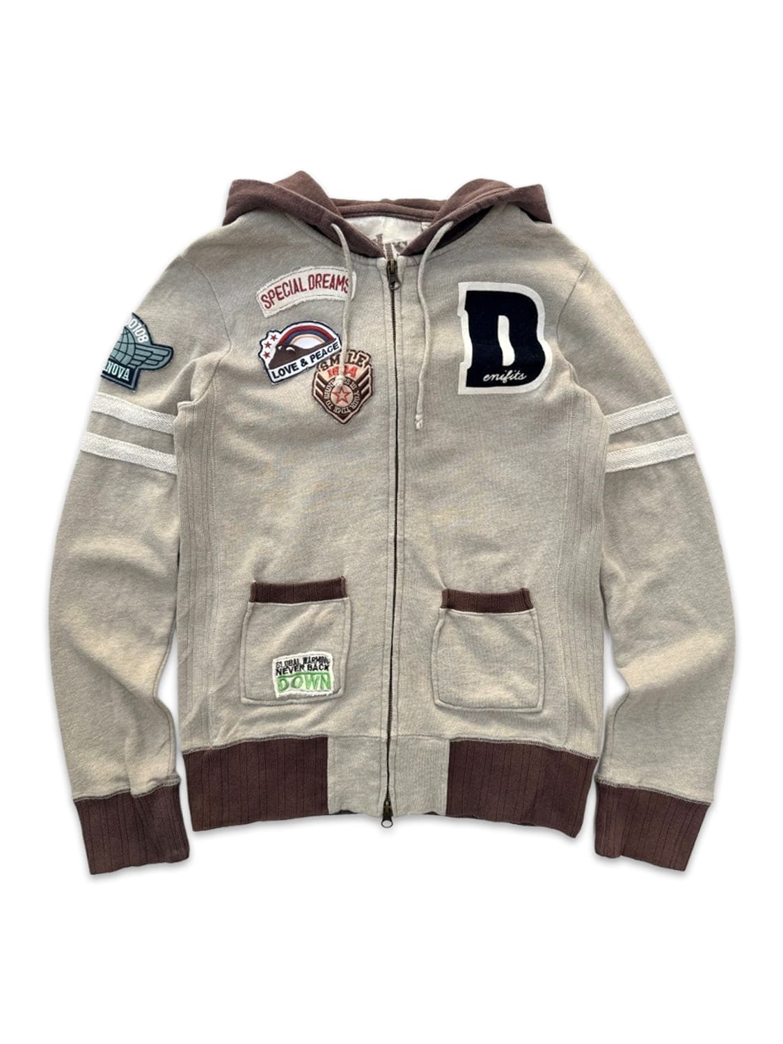 빈티지 denifits 베이지 브라운 패치 집업 후드 상품이미지1