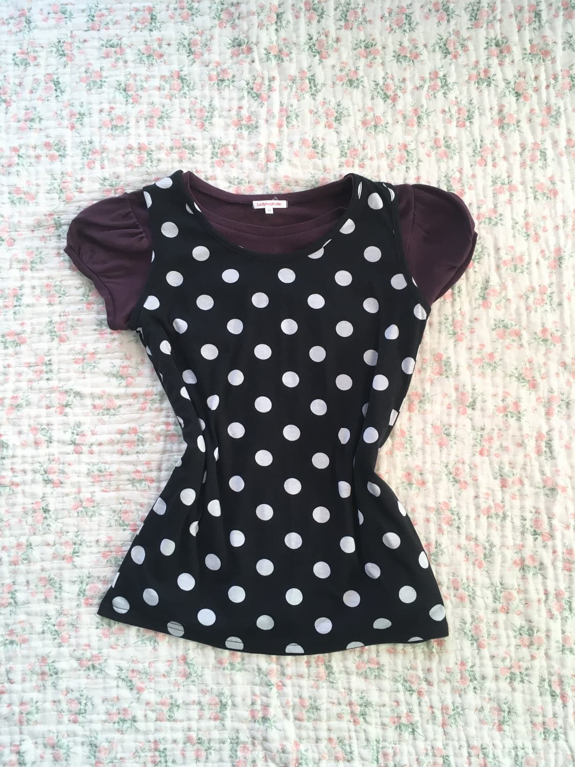 Set) 폴카 도트 슬리브리스 + 버건디 퍼프 반팔 상품이미지6