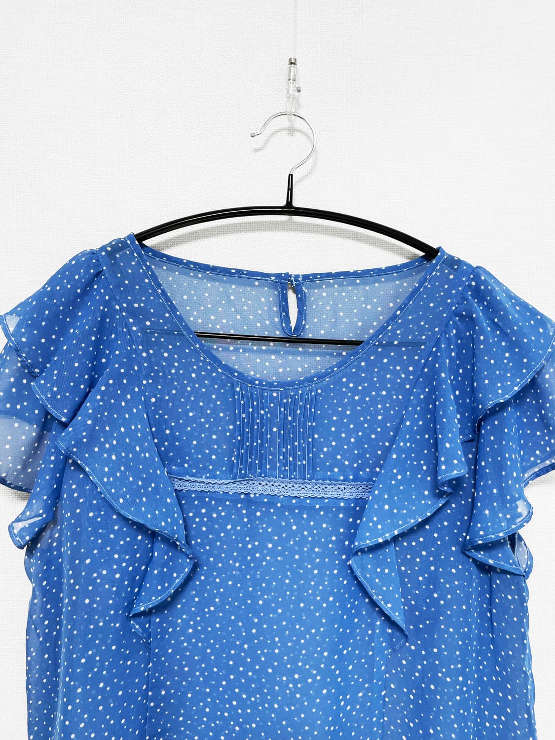 Dot Ruffle Sheer Blouse - Blue 상품이미지2