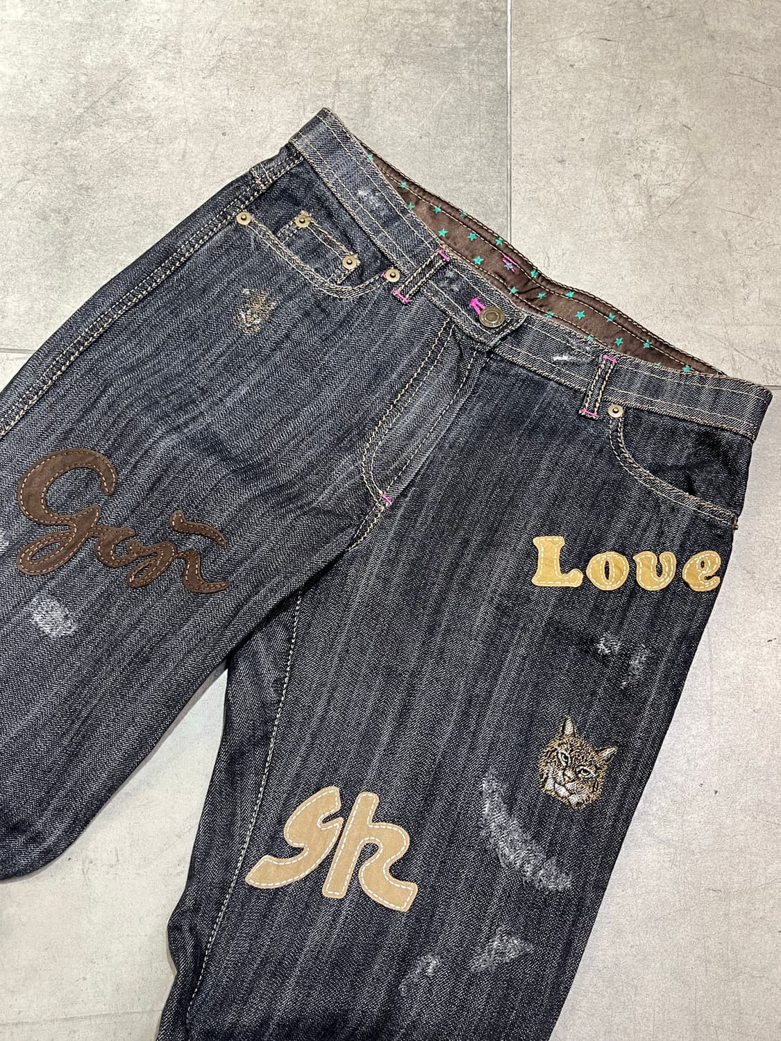 일본 빈티지 모리걸 고양이 레터링 패치 와이드 데님 팬츠  상품이미지4