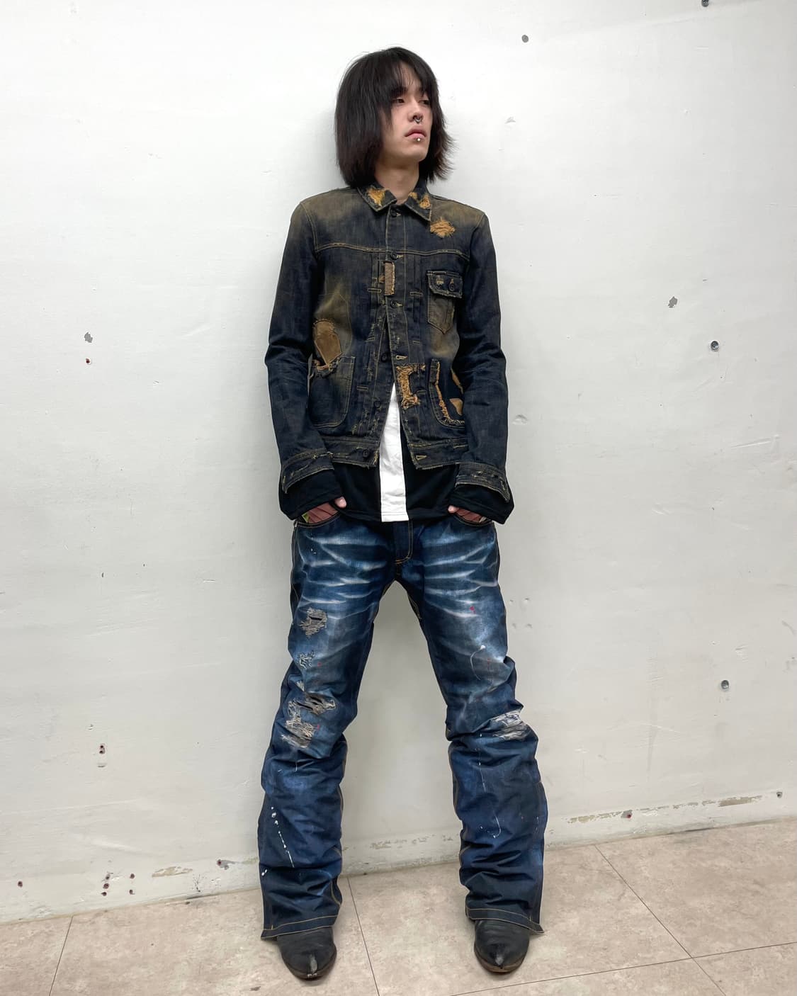 Distressed patchwork washed denim jacket 상품이미지6