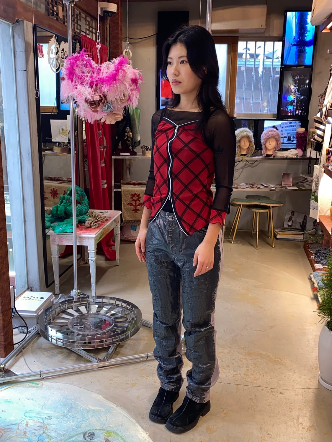 Vintage 체크 레이어드 지퍼 탑 상품이미지1