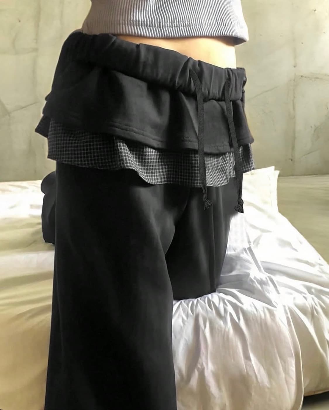 더스티 펑크 여성 체크무늬 패치워크 캐주얼 레이어드 바지 상품이미지1