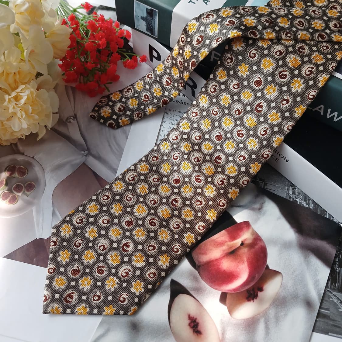 아쿠아스큐텀 실크 브라운 패턴 넥타이 9.4cm A+등급 e866 상품이미지4