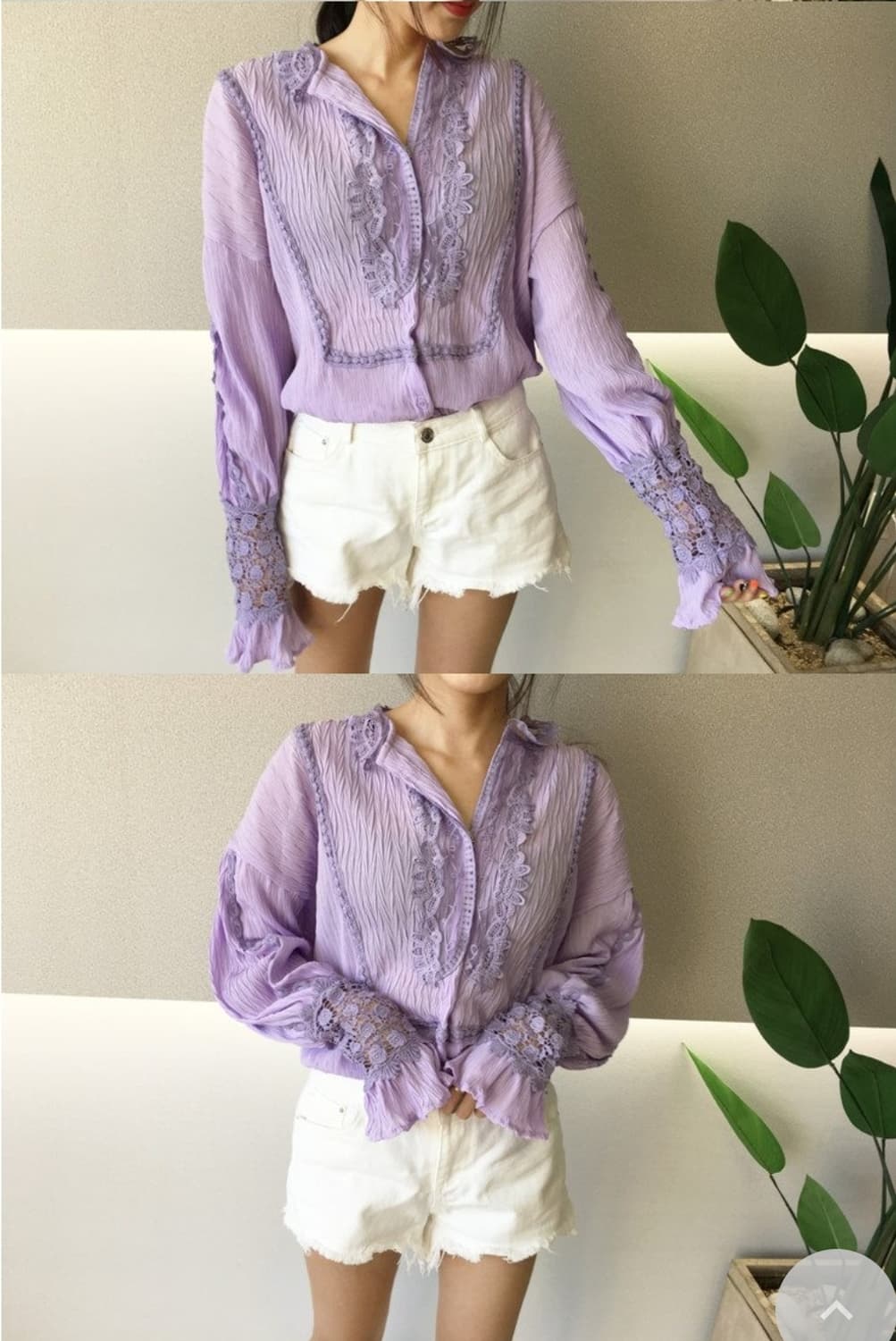 여성 라벤더 연보라 하이디 프릴 레이스 앤틱 긴팔 블라우스 55 66 7 상품이미지10