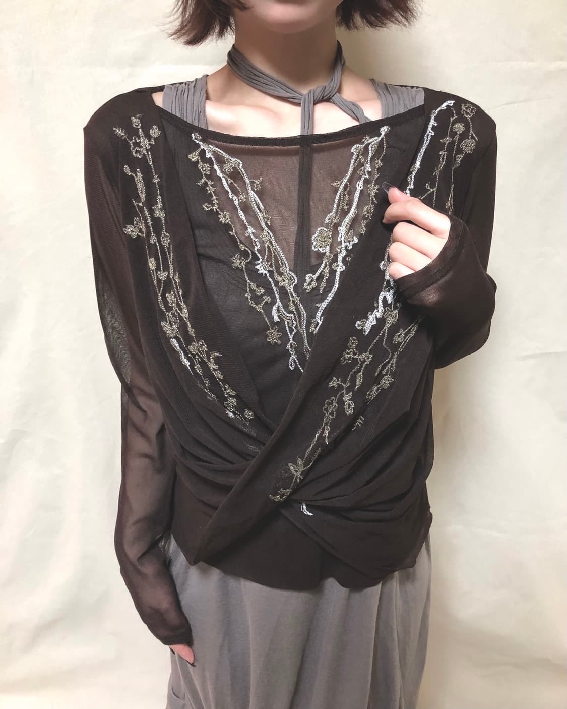 Hiroko Bis 메쉬 드레이프 롱슬리브 상품이미지1