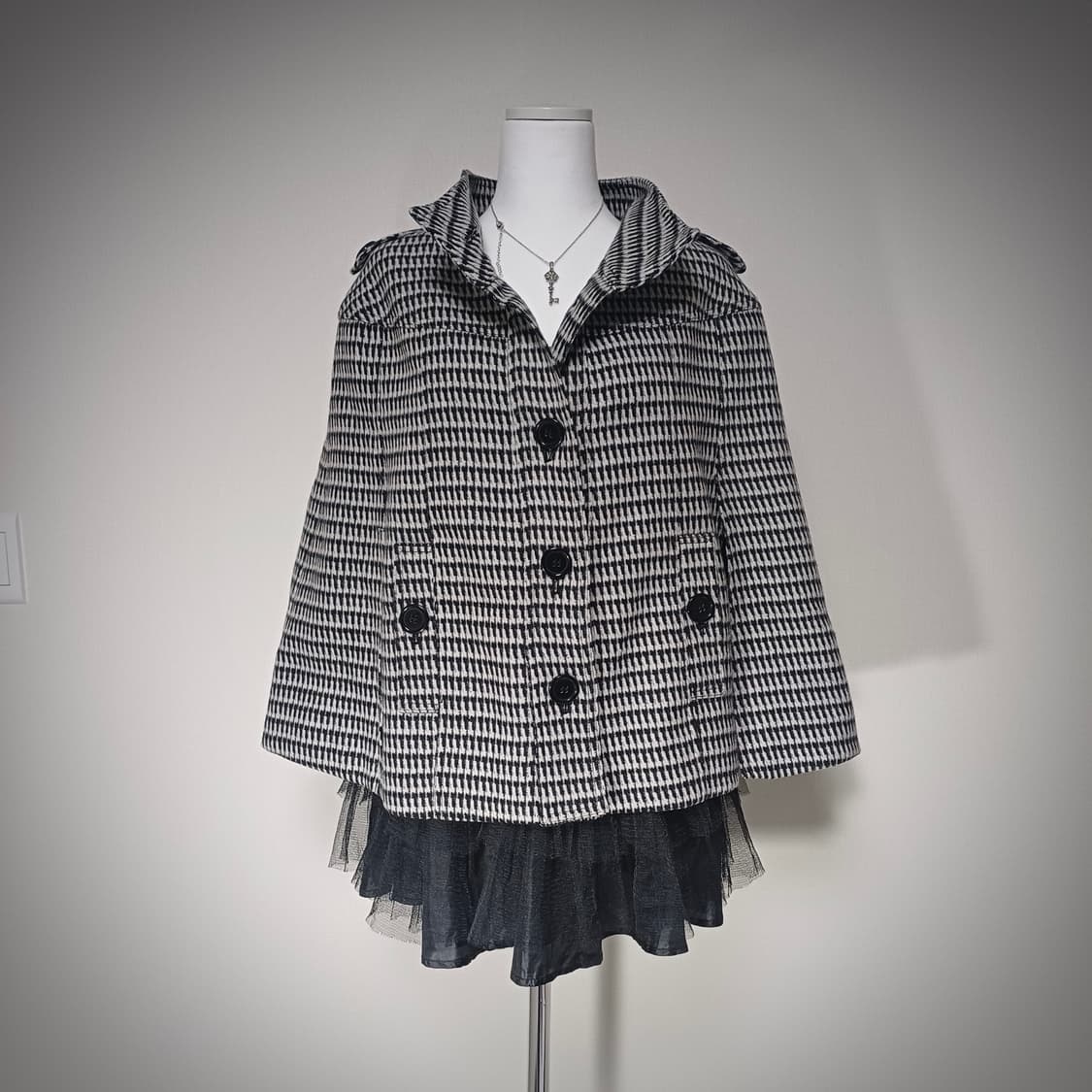 체크 울 혼방 케이프 코트 망토 모리걸 갸루 상품이미지1