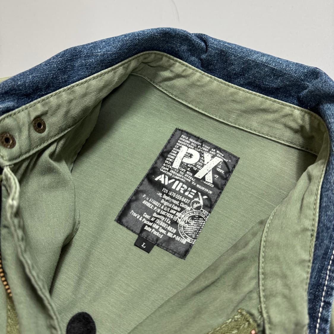 아비렉스 PX 카키컬러 데님 패치 워크 가공 워시드 코튼 헌팅 자켓 상품이미지3