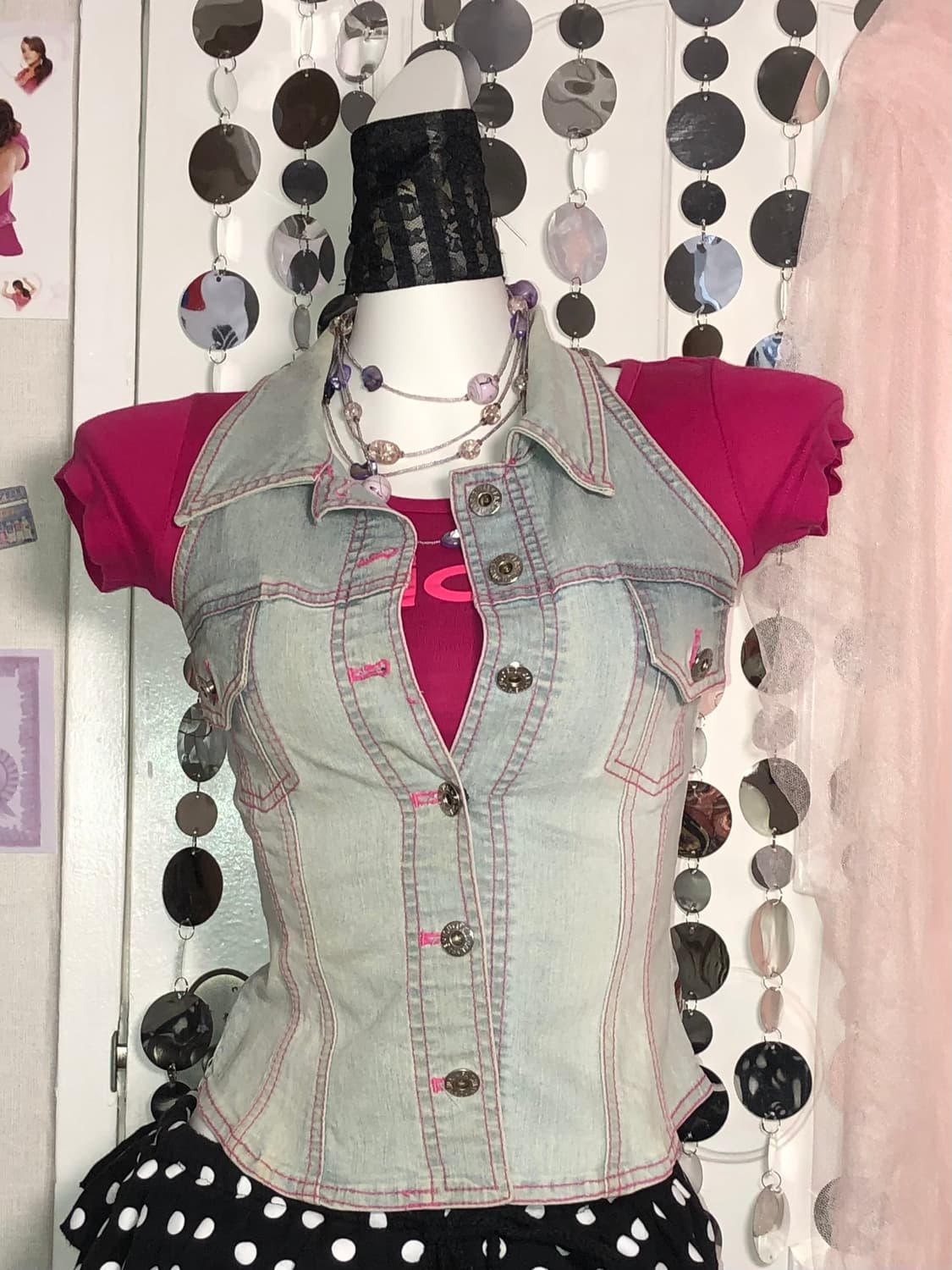 pink stitched denim vest 상품이미지1