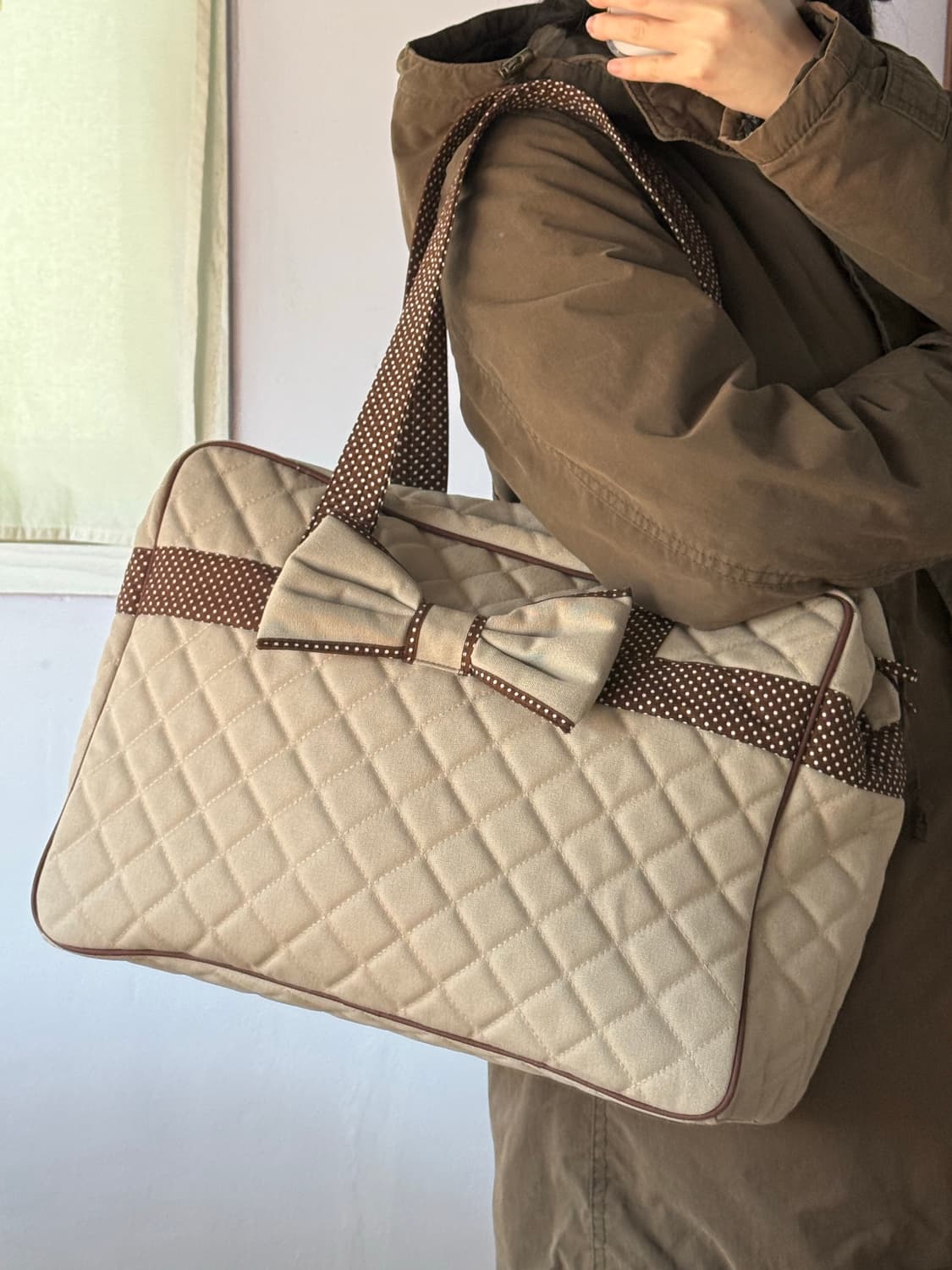 나라야 브라운 도트 리본 숄더백 모리걸 라떼맛  상품이미지6