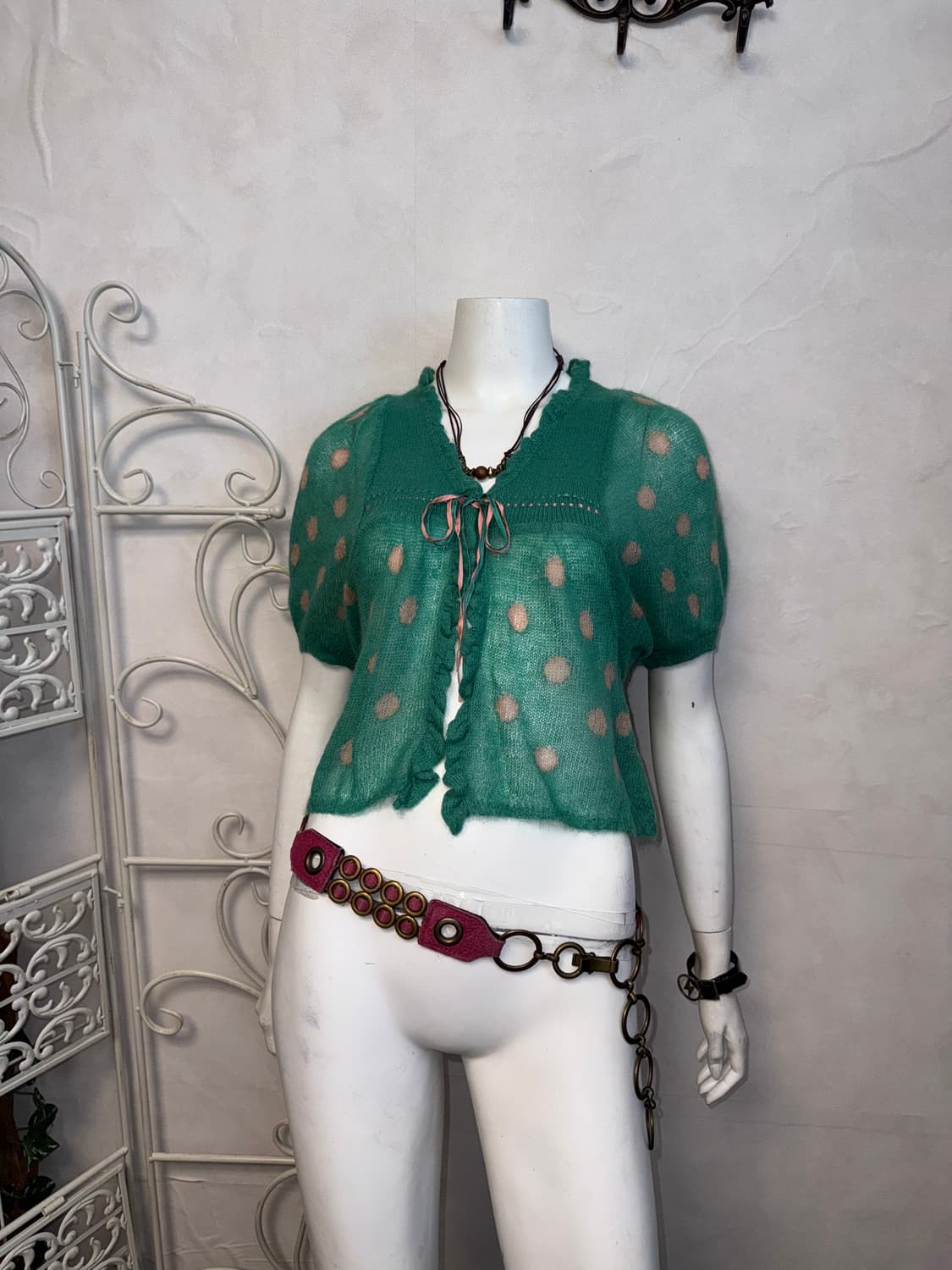 Reneevon mint pink mohair dot half 가디건 상품이미지5
