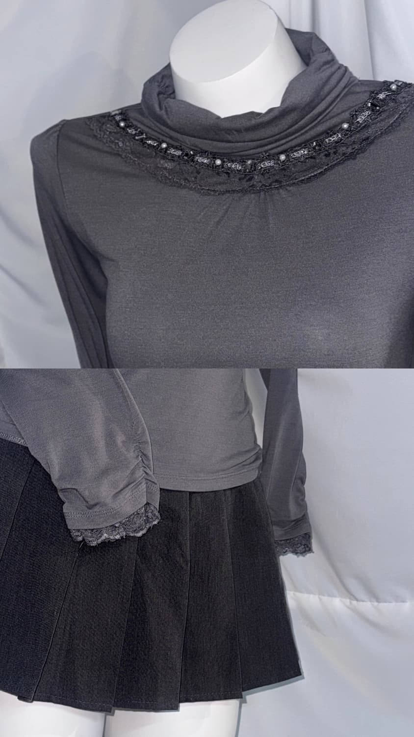 엑시즈팜 빈티지 그레이 무채색 오픈숄더 레이어드 오네갸루 코디세트 상품이미지4