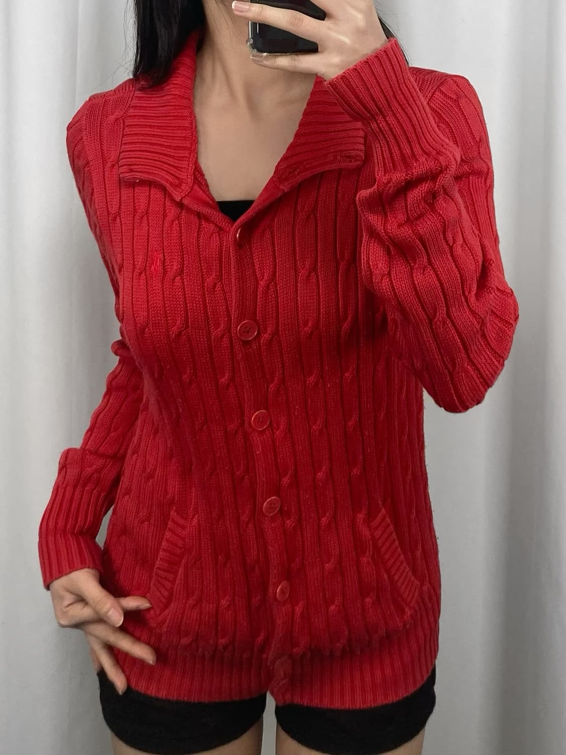 폴로 레드 꽈배기 카라 니트 가디건 상품이미지3