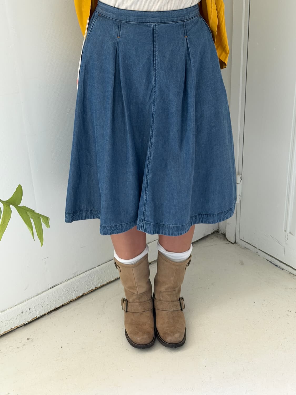 일본빈티지 데님 핀턱 미디스커트 상품이미지1