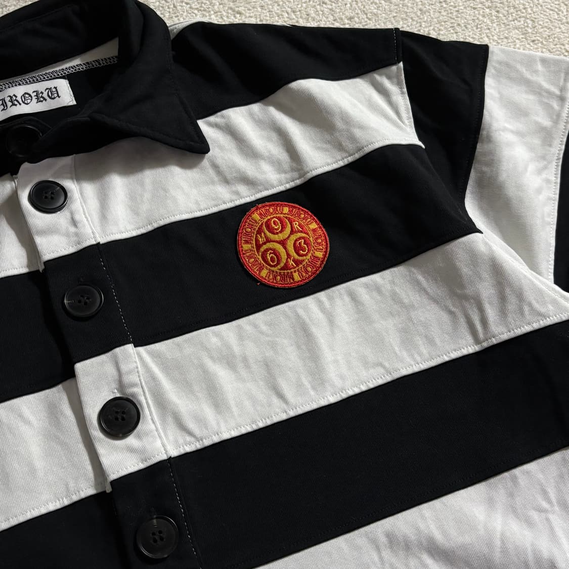 일본빈티지 Miroku 올드스쿨 스트릿 단가라 스트라이프 반팔 카라티 상품이미지3